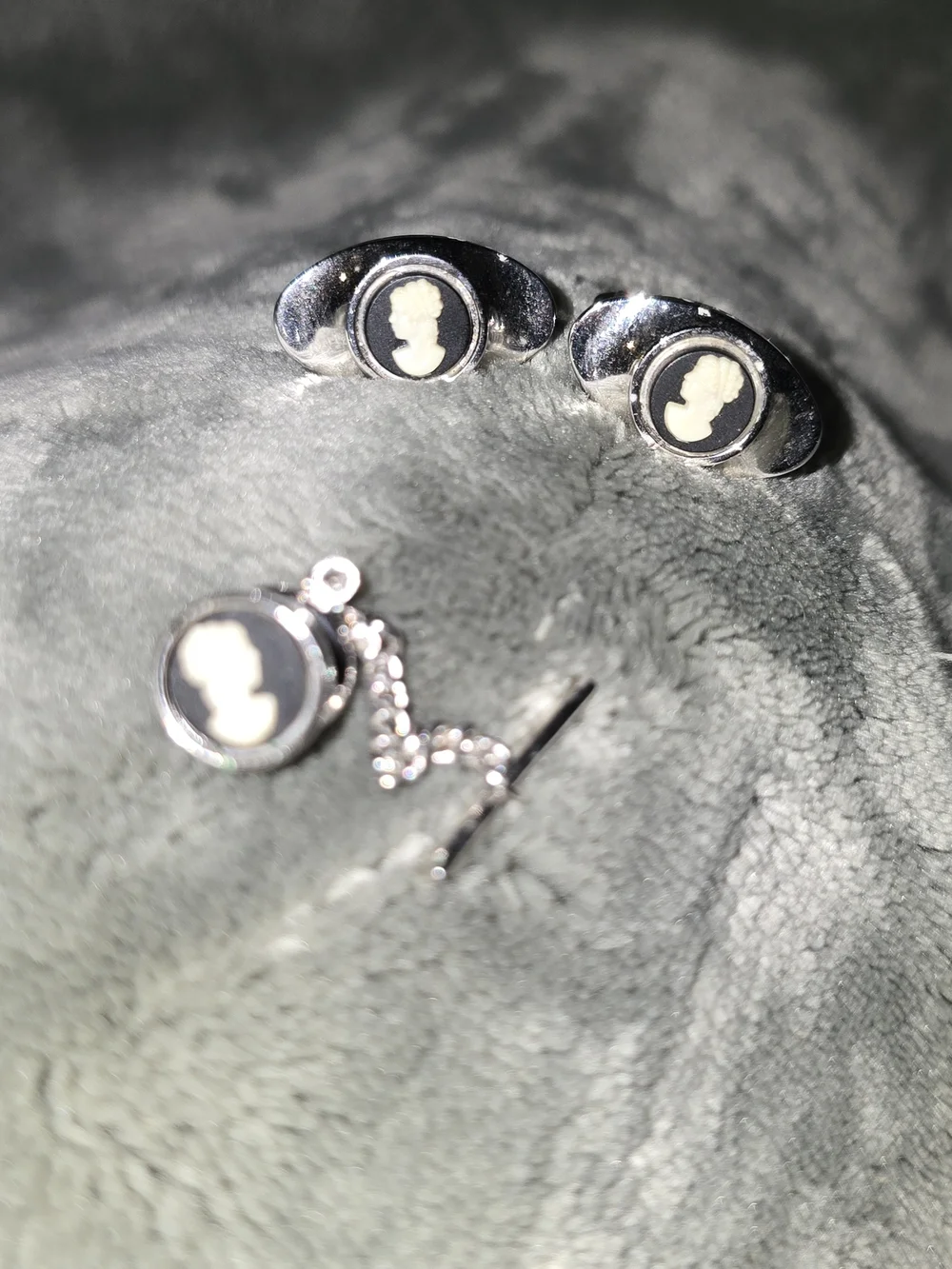 Silver Cameo Cufflinks and Tie Tack Set